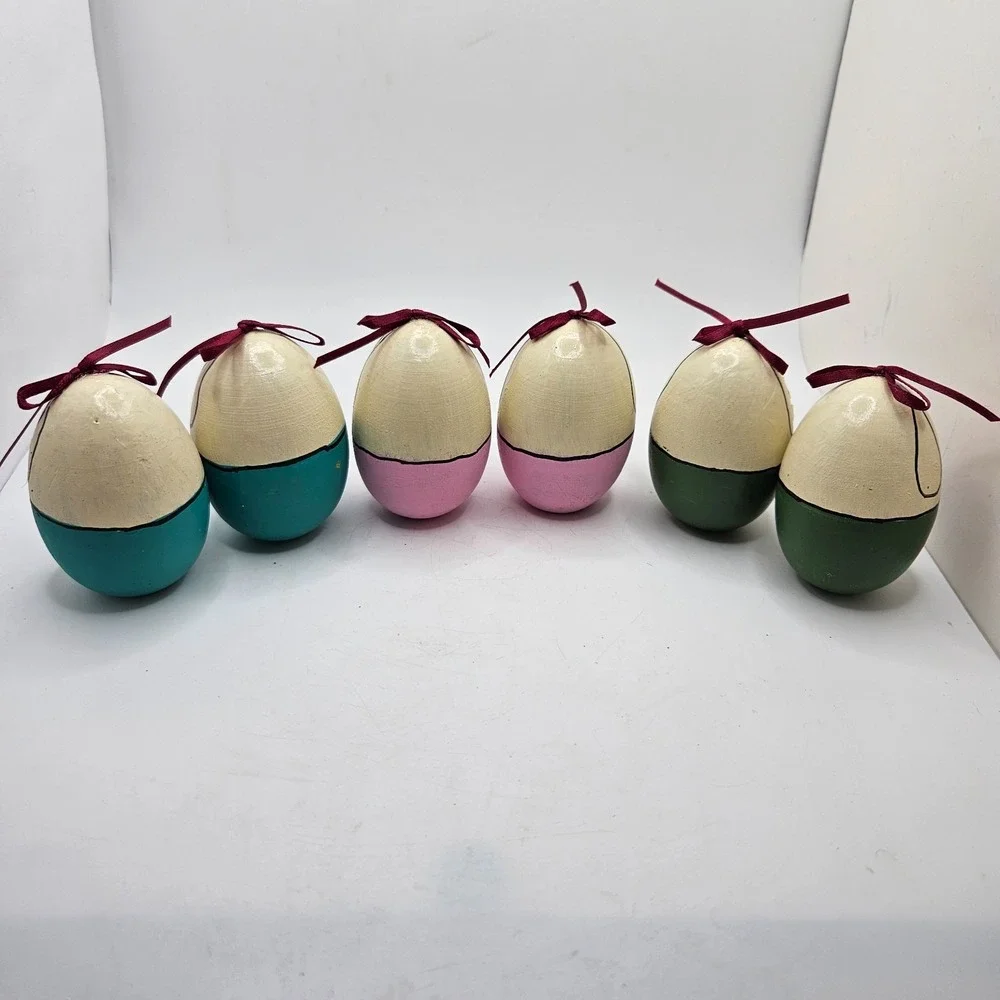 Set of 6 Hand Painted Wooden Easter Bunny Eggs Folk Art Rabbit Shelf Table Decor